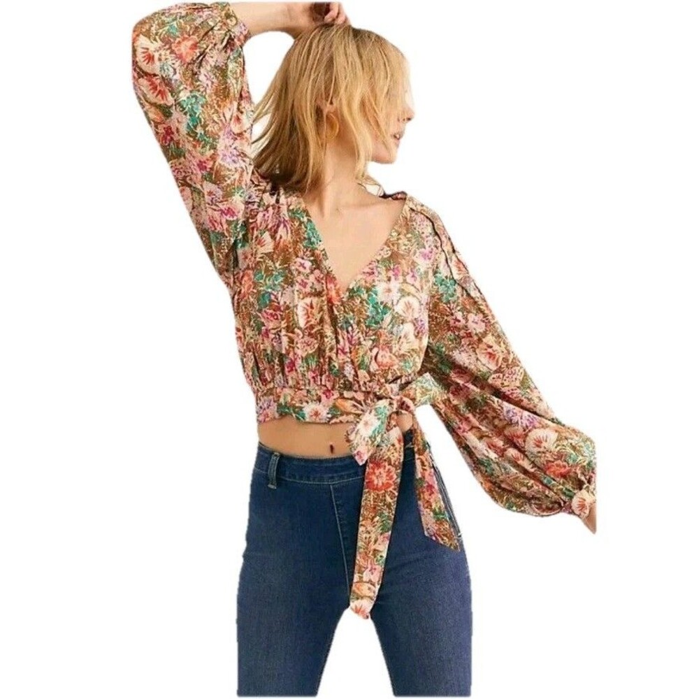 Free People Floral Wrap Top Size S Long Puff Sleeve Blouse Boho Hippie Festival